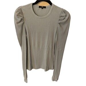7 For All Mankind Puff-Sleeve Ribbed Long-Sleeve Top Light Blue Womens XS